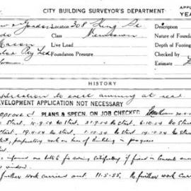 Building Inspectors Card: 308 King St Newtown. Application to erect awning at rear. 1 card. 