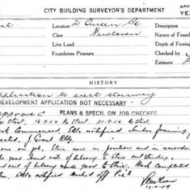 Building Inspectors Card: 21 Queen Street, Newtown. Application to erect stairway. 1 Card.