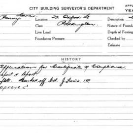 Building Inspectors Card: 22 Oxford Street, Paddington. Application for certificate of compliance. 