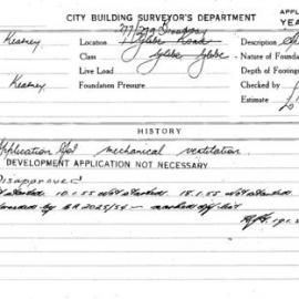 Building Inspectors Card: 277/279 Broadway. Application for mechanical ventilation. 1 card.