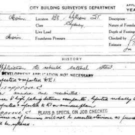 Building Inspectors Card: 138 William Street, Sydney. Application to rebuild external stair. 1 card.