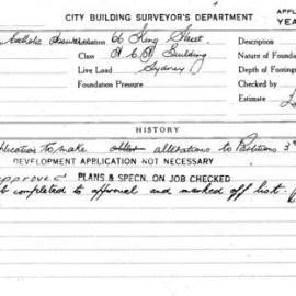 Building Inspectors Card: 66 King St ACA Building Sydney. Application to make alterations to 