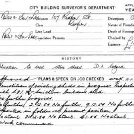 Building Inspectors Card: 107 Redfern St Redfern. Application to erect store sheds. D A lodged. 1 