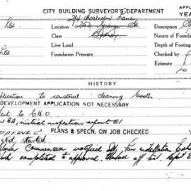 Building Inspectors Card: 2/4 Malcolm Lane Sydney. Application to construct cleaning booth. 1 card.