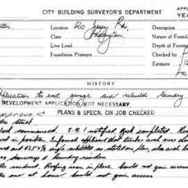 Building Inspectors Card: 120 Jersey Rd, Paddington. Application to erect garage and rebuild 