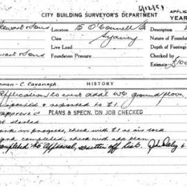 Building Inspectors Card: 15 O'Connell St Sydney. Application to erect add'l WC ground floor. 1 