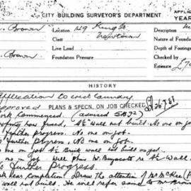 Building Inspectors Card: 149 King St Newtown. Application to erect laundry. 1 Card. 