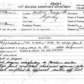 Building Inspectors Card: 504/514 George St Sydney. Application to make alts to shop front. 1 Card. 