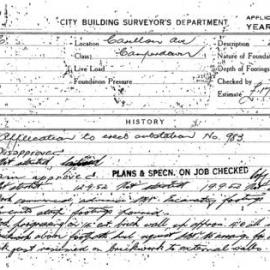 Building Inspectors Card: Carillon Ave Camperdown. Application to erect substation No 983. 1 Card.