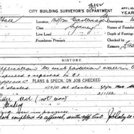 Building Inspectors Card: 114-120 Castlereagh St Sydney. Application to erect partition wall in 