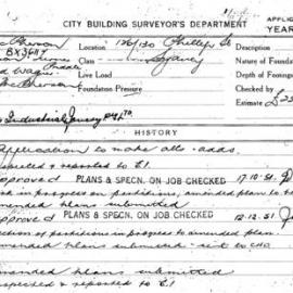 Building Inspectors Card: 126/130 Phillip St Sydney. Application to make alts & adds. 2 cards.