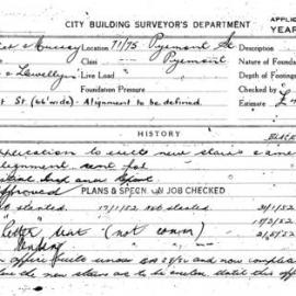 Building Inspectors Card: 71-75 Pyrmont St Pyrmont. Application to erect new stairs & amenities. 1 