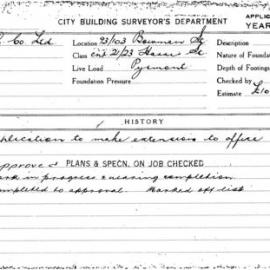 Building Inspectors Card: 93-103 Bowman St cnr 21-23 Harris St Pyrmont. Application to make 