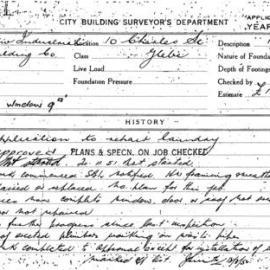 Building Inspectors Card: 10 Charles St Glebe. Application to repair laundry. 1 card.