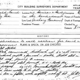 Building Inspectors Card - Additions, Denison and Derby Streets Camperdown, 1951