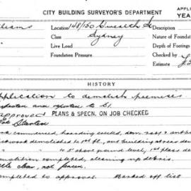 Building Inspectors Card: 148/150 Commonwealth St Sydney. Application to demolish premises. 1 Card.