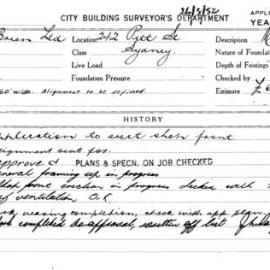 Building Inspectors Card: 242 Pitt St Sydney. Application to erect shop front. 1 Card. 