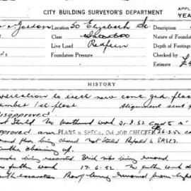 Building Inspectors Card: 50 Elizabeth Street, Redfern. Application to erect concrete ground floor 