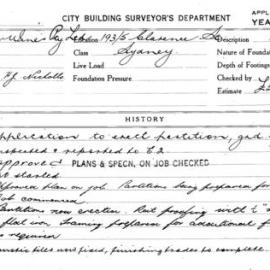 Building Inspectors Card: 193/195 Clarence St Sydney. Application to erect partition, grd floor. 1 