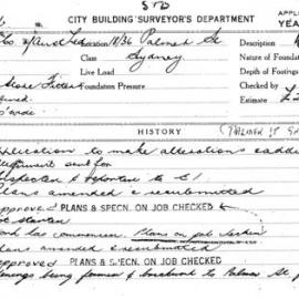 Building Inspectors Card: 18/36 Palmer Street, Sydney. Application to make alterations and 