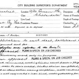 Building Inspectors Card: 12/20 Queen St Chippendale. Application to erect stair, partitions & 