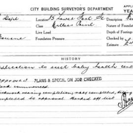 Building Inspectors Card: 85 Lower Fort St. Millers Point. Application to erect baby health centre 