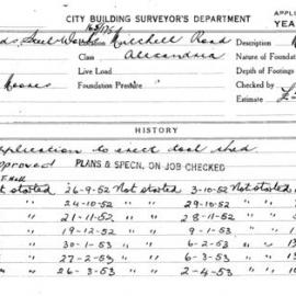 Building Inspectors Card: 165/175 Mitchell Road Alexandria. Application to erect tool shed. 1 Card.