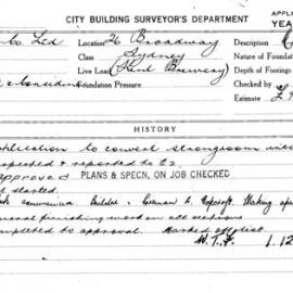 Building Inspectors Card: 26 Broadway Sydney. Kent Brewery. Application to convert stongroom into 