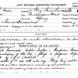 Building Inspectors Card: 114 Hay St cnr Sussex St. Burlington Hotel Sydney. Application to make 