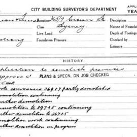Building Inspectors Card: 365-369 Crown St Sydney. Application to demolish premises. 1 card.