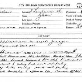 Building Inspectors Card: 3 Lombard St Glebe. Application to erect garage. 1 card.