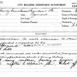 Building Inspectors Card: Saunders St Pyrmont. Application to erect extension to stores office 4th 