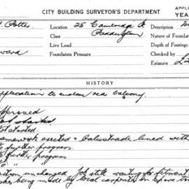Building Inspectors Card: 25 Cambridge St Paddington. Application to enclose rear balcony. 1 Card.