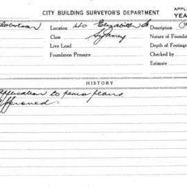Building Inspectors Card: 140 Elizabeth St Sydney. Application to peruse plans. 1 Card. 