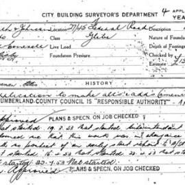 Building Inspectors Card: 27/45 Federal Road Glebe. Application to make alts &additions (amenities 