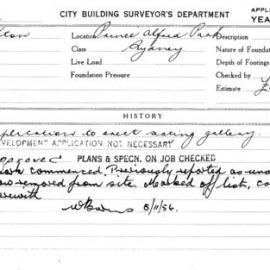 Building Inspectors Card - Application to erect skating gallery, Prince Alfred Park Sydney, 1956 