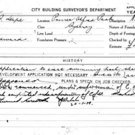 Building Inspectors Card - Application to erect swimming pool, skating rink, Prince Alfred Park, 1956-1957