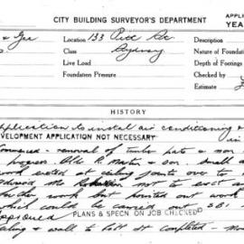 Building Inspectors Card: 133 Pitt St Sydney. Application to instal air conditioning & partitions. 