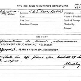 Building Inspectors Card: R.A.S near Cook Rd Ent. Application to erect showroom. 1 Card.