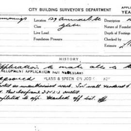 Building Inspectors Card: 129 Arundel St Glebe. Application to make alterations to kitchen. 1 card.
