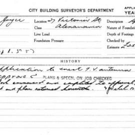 Building Inspectors Card: 27 Victoria St Alexandria. Application to erect T.V. antenna. 1 card.