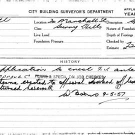Building Inspectors Card: 20 Marshall St Surry Hills. Application to erect T.V antenna. 1 card.