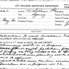 Building Inspectors Card: 177 William St, Sydney. Application to erect partitions, 3rd floor.1 Card.