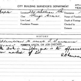Building Inspectors Card: 234 William St Kings Cross. Application to erect T.V antenna. 1 Card.