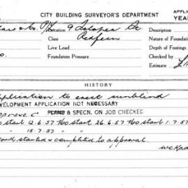 Building Inspectors Card: 9 Telopea St Redfern. Application to erect sunblind. 1 Card. 
