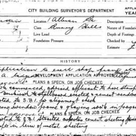 Building Inspectors Card: 1 Albion St, Surry Hills. Application to erect shop front etc. 1 Card. 