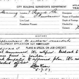Building Inspectors Card: 7 Regent St, Newtown. Application to enclose verandah. 1 Card. 