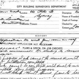 Building Inspectors Card: 66 Pitt St, Sydney. Application to erect fan room on roof. 1 Card. 