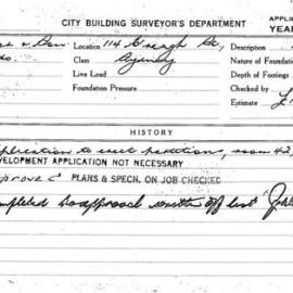 Building Inspectors Card: 114 Castlereagh St, Sydney. Application to erect partitions, room 42, 4th 