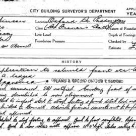 Building Inspectors Card: Oxford Street, Paddington. St Francis Hall. Application to rebuild front 